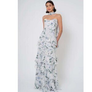 Desert Blooms Blue Multi Ruffle Corset Chiffon Gown Style Simona Size 6